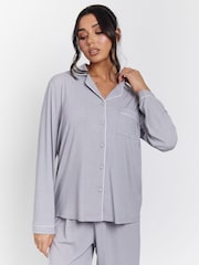 فضي - Loungeable Rib Long Sleeve Traditional Shirt and Long Pyjamas - صورة 2 من 5