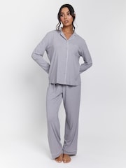 فضي - Loungeable Rib Long Sleeve Traditional Shirt and Long Pyjamas - صورة 3 من 5