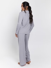 فضي - Loungeable Rib Long Sleeve Traditional Shirt and Long Pyjamas - صورة 4 من 5