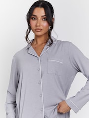 فضي - Loungeable Rib Long Sleeve Traditional Shirt and Long Pyjamas - صورة 5 من 5