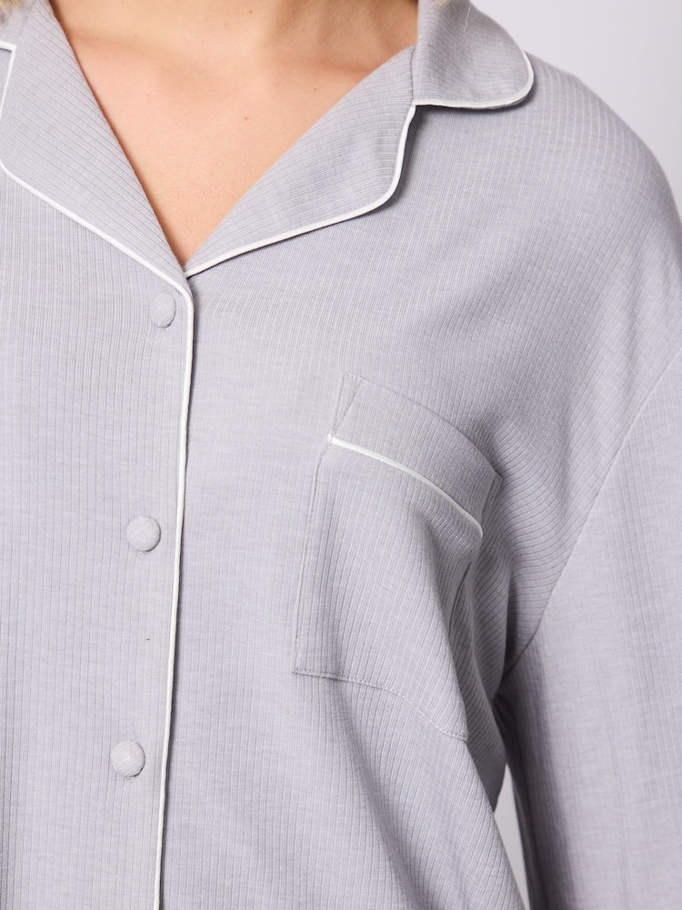 Loungeable Silver/white Trim Rib Long Sleeve Traditional Shirt and Long Pyjamas - Image 6 of 6