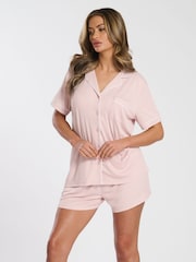 Loungeable Pink Super Soft Jersey Rib Traditional Short Sleeve Set - Image 1 of 4