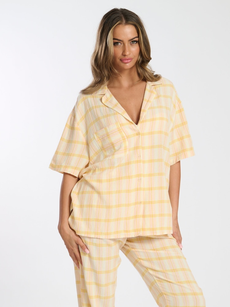 Loungeable Yellow Woven Check Traditional Short Sleeve Co-ord Set - Image 1 of 5 Loungeable Yellow Woven Check Traditional Short Sleeve Co-ord Set - Image 1 of 5
