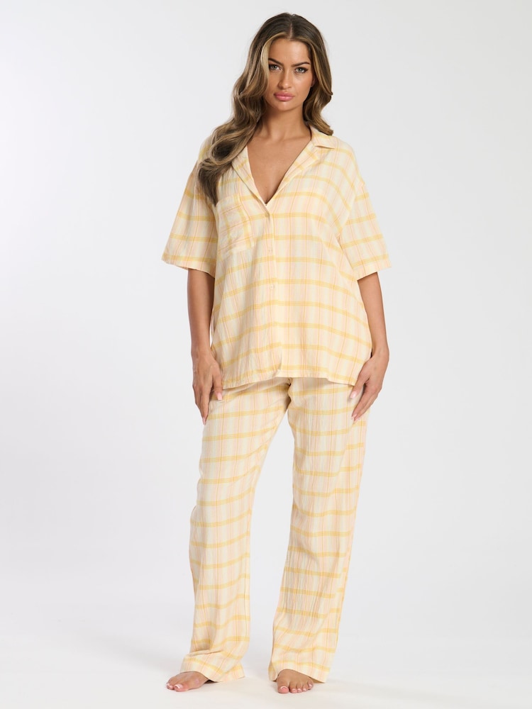 Loungeable Yellow Woven Check Traditional Short Sleeve Co-ord Set - Image 2 of 5 Loungeable Yellow Woven Check Traditional Short Sleeve Co-ord Set - Image 2 of 5