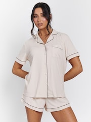 Loungeable Cream Rib Short Sleeve Traditional Shirt and Shorts Set - Image 1 of 5