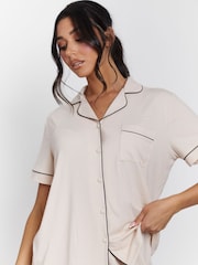 Loungeable Cream Rib Short Sleeve Traditional Shirt and Shorts Set - Image 4 of 5