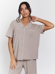 Loungeable Brown Rib Short Sleeve Traditional Shirt and Long Pyjamas - Image 1 of 5