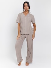 Loungeable Brown Rib Short Sleeve Traditional Shirt and Long Pyjamas - Image 2 of 5