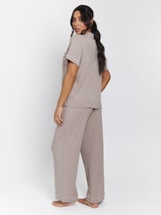 Loungeable Brown Rib Short Sleeve Traditional Shirt and Long Pyjamas - Image 3 of 5