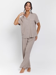 Loungeable Brown Rib Short Sleeve Traditional Shirt and Long Pyjamas - Image 4 of 5