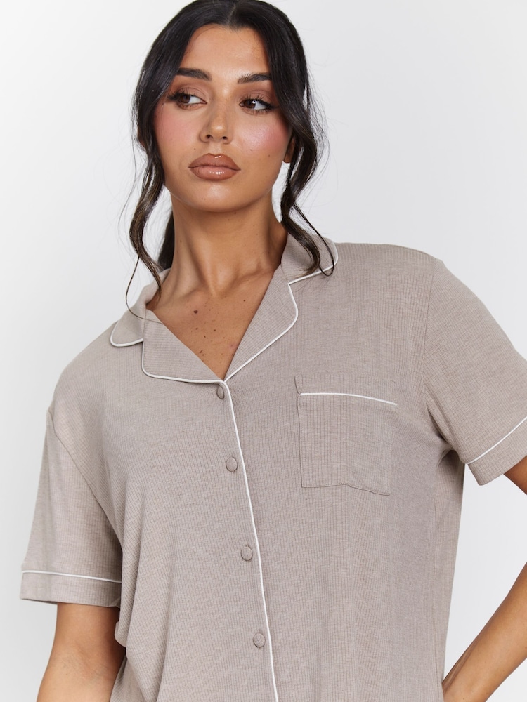 Loungeable Brown Rib Short Sleeve Traditional Shirt and Long Pyjamas - Image 5 of 5