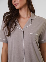 Loungeable Oatmeal/White trim Short Sleeve Christmas Soft Rib Long Sleeve Button Through Pyjamas - Image 6 of 6