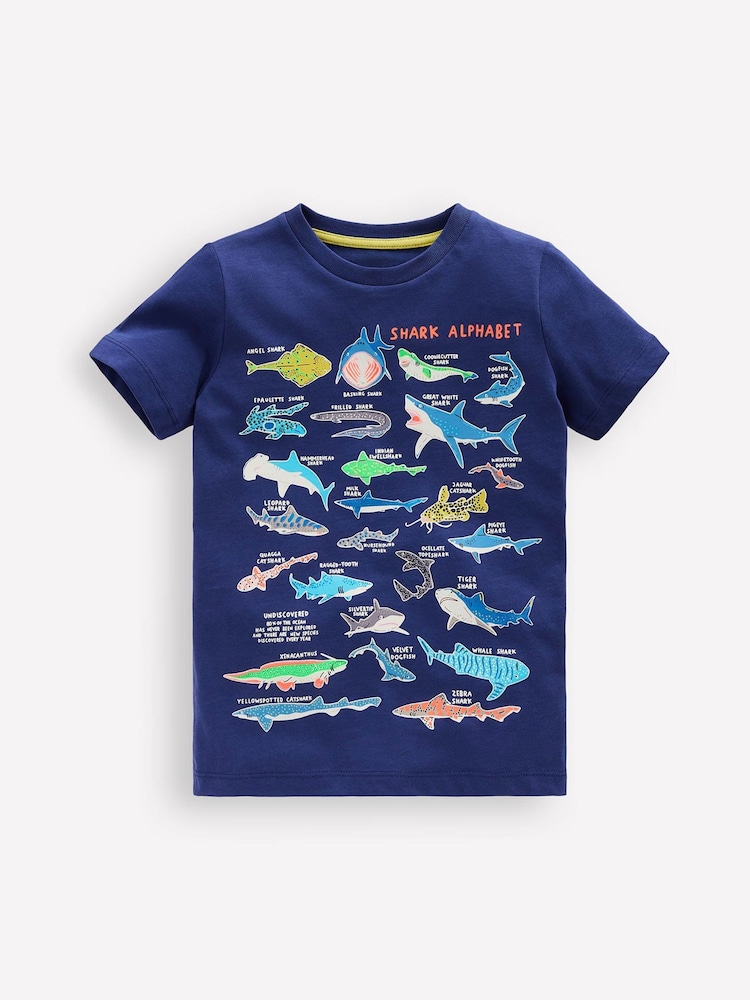 Boden Blue Sharks Glow-In-The-Dark 100% Cotton T-Shirt - Image 1 of 3