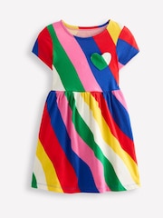 Boden Rainbow Stripe Heart Pocket Fun 100% Cotton Jersey Dress - Image 1 of 3