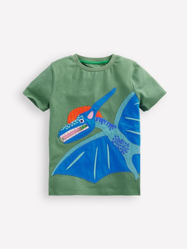 Boden Green Zip Detail Applique 100% Cotton T-Shirt - Image 1 of 3 Boden Green Zip Detail Applique 100% Cotton T-Shirt - Image 1 of 3