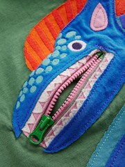 Boden Green Zip Detail Applique 100% Cotton T-Shirt - Image 3 of 3
