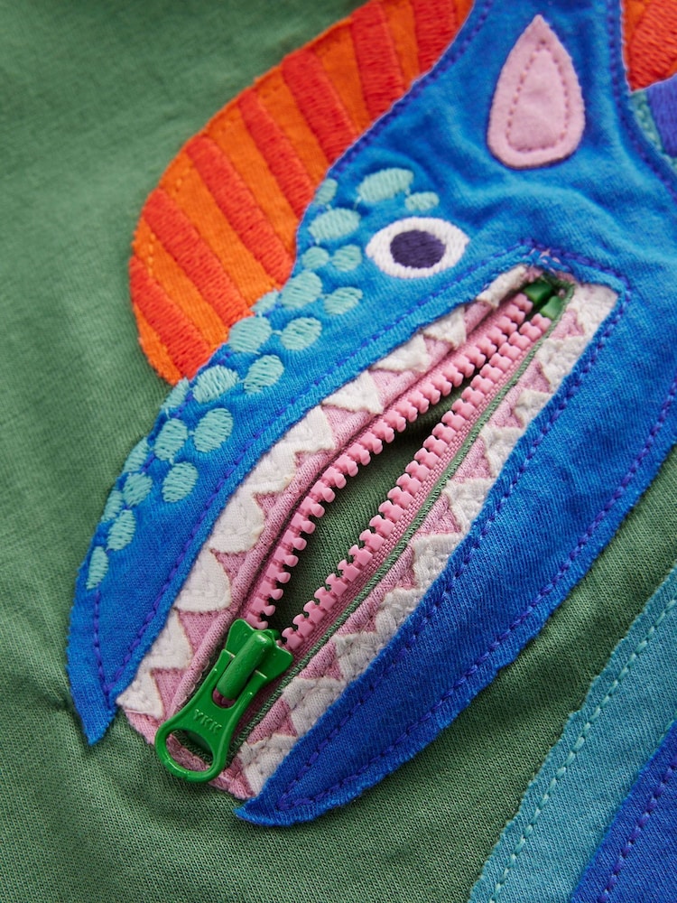 Boden Green Zip Detail Applique 100% Cotton T-Shirt - Image 3 of 3
