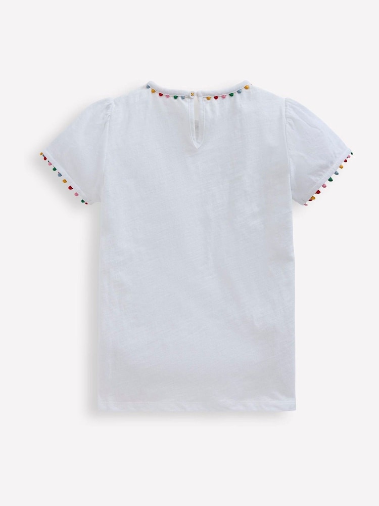 Boden White Ali Puff Sleeve Pom 100% Cotton T-Shirt - Image 3 of 4
