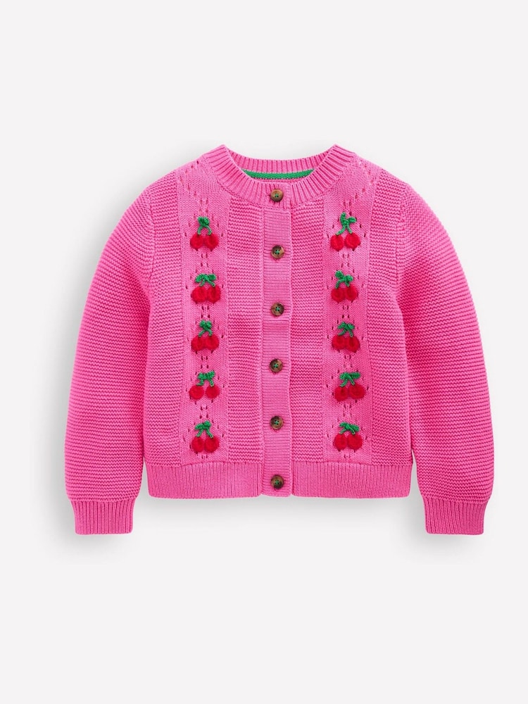 Boden Pink Cherry Embroidered Pointelle 100% Cotton Cardigan - Image 1 of 3