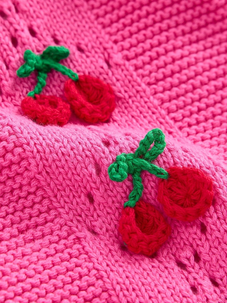Boden Pink Cherry Embroidered Pointelle 100% Cotton Cardigan - Image 3 of 3