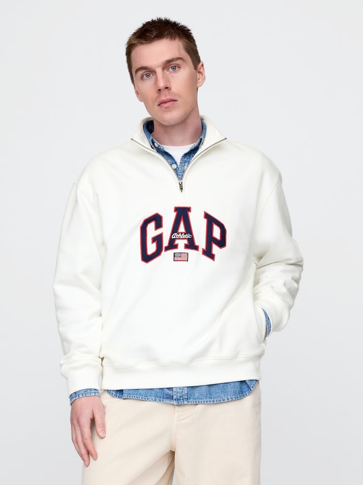 Gap White Logo Heavyweight Quarter-Zip Sweatshirt - Image 1 of 5 Gap White Logo Heavyweight Quarter-Zip Sweatshirt - Image 1 of 5