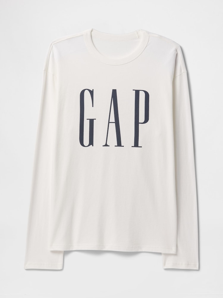 Gap White Logo Graphic Oversized Long Sleeve Crew Neck T-Shirt - Image 1 of 2 Gap White Logo Graphic Oversized Long Sleeve Crew Neck T-Shirt - Image 1 of 2