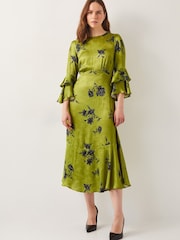 Monsoon Green Pella Satin Ruffle Midi Dress - Image 1 of 6