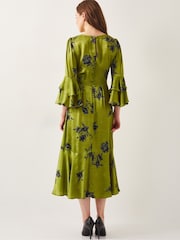 Monsoon Green Pella Satin Ruffle Midi Dress - Image 2 of 6