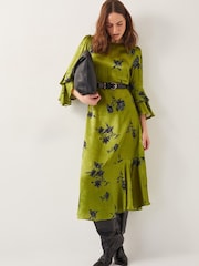 Monsoon Green Pella Satin Ruffle Midi Dress - Image 3 of 6