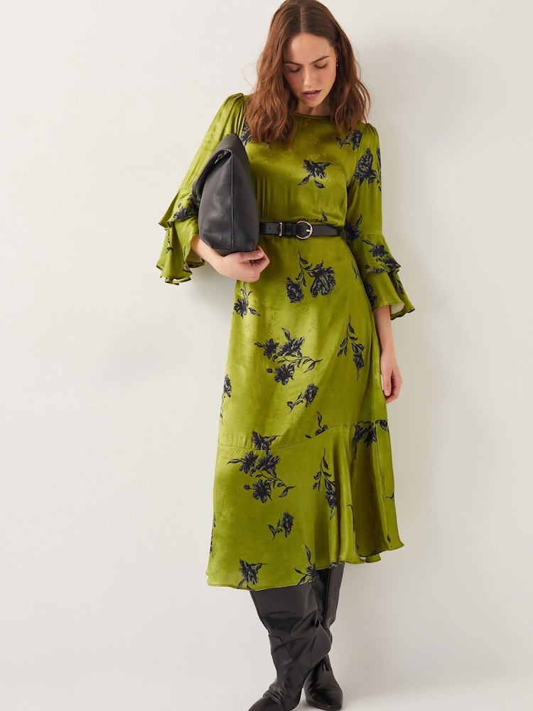 Monsoon Green Pella Satin Ruffle Midi Dress - Image 3 of 6