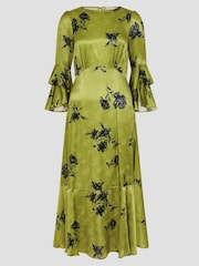 Monsoon Green Pella Satin Ruffle Midi Dress - Image 6 of 6
