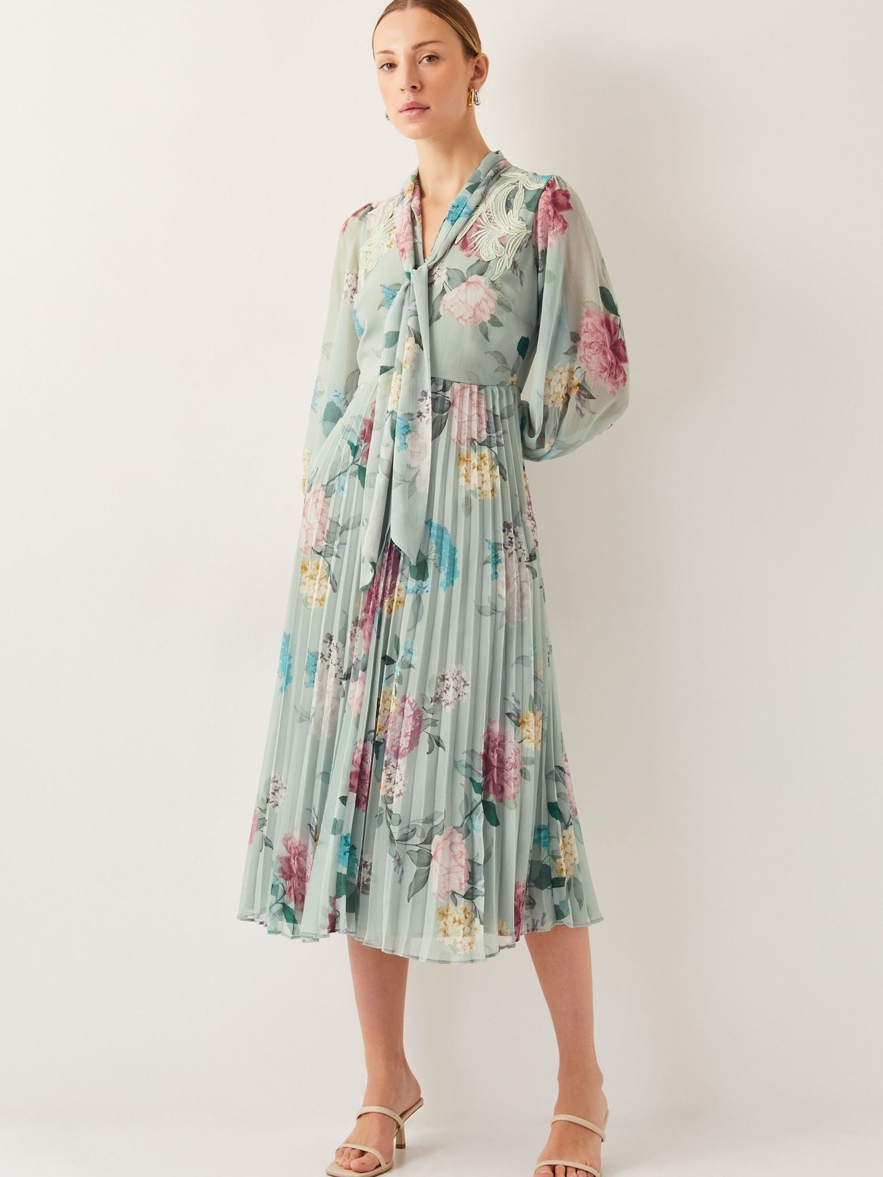 Monsoon Green Agnes Floral Print Pleated Midi Dress