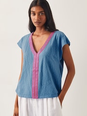 Monsoon Blue 100% Cotton Elena Embroidered V-Neck Jersey T-Shirt - Image 1 of 4