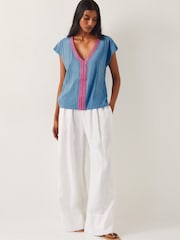 Monsoon Blue 100% Cotton Elena Embroidered V-Neck Jersey T-Shirt - Image 2 of 4