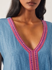 Monsoon Blue 100% Cotton Elena Embroidered V-Neck Jersey T-Shirt - Image 4 of 4
