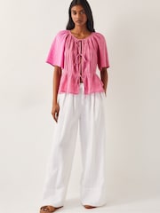Monsoon Pink Marlee Short Sleeve Tie-Front 100% CottonTop - Image 2 of 4