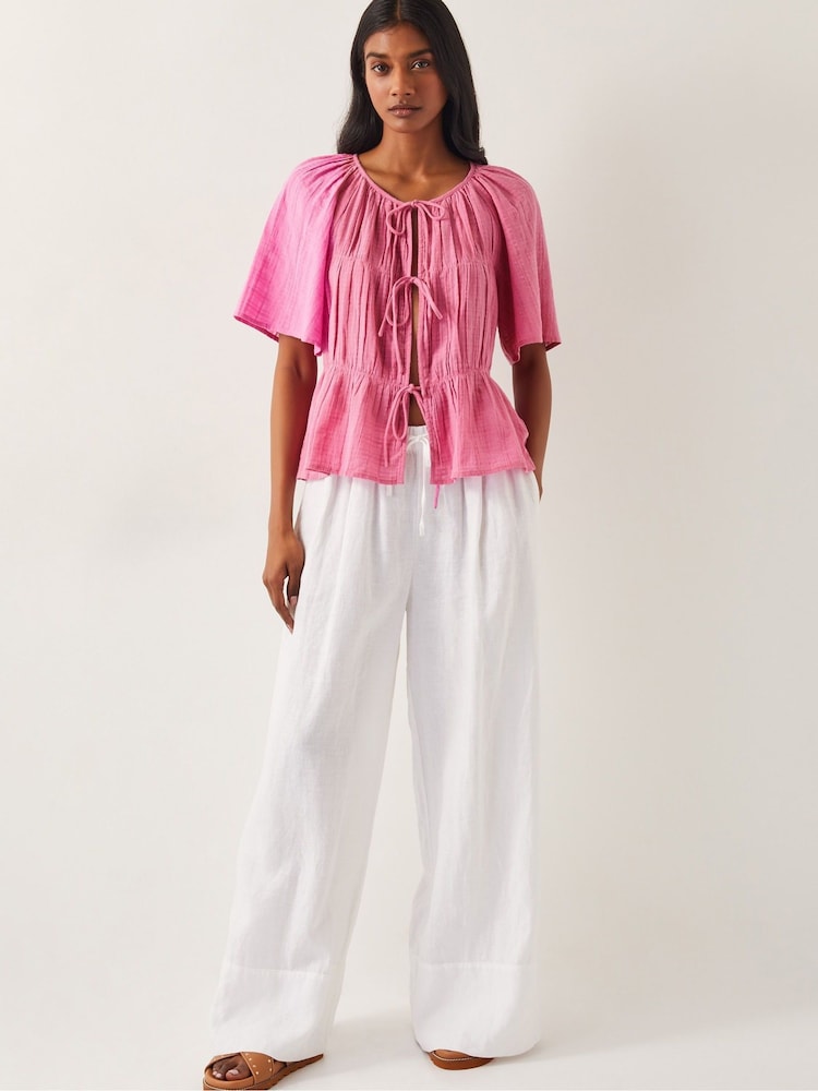 Monsoon Pink Marlee Short Sleeve Tie-Front 100% CottonTop - Image 2 of 4
