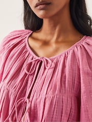 Monsoon Pink Marlee Short Sleeve Tie-Front 100% CottonTop - Image 4 of 4