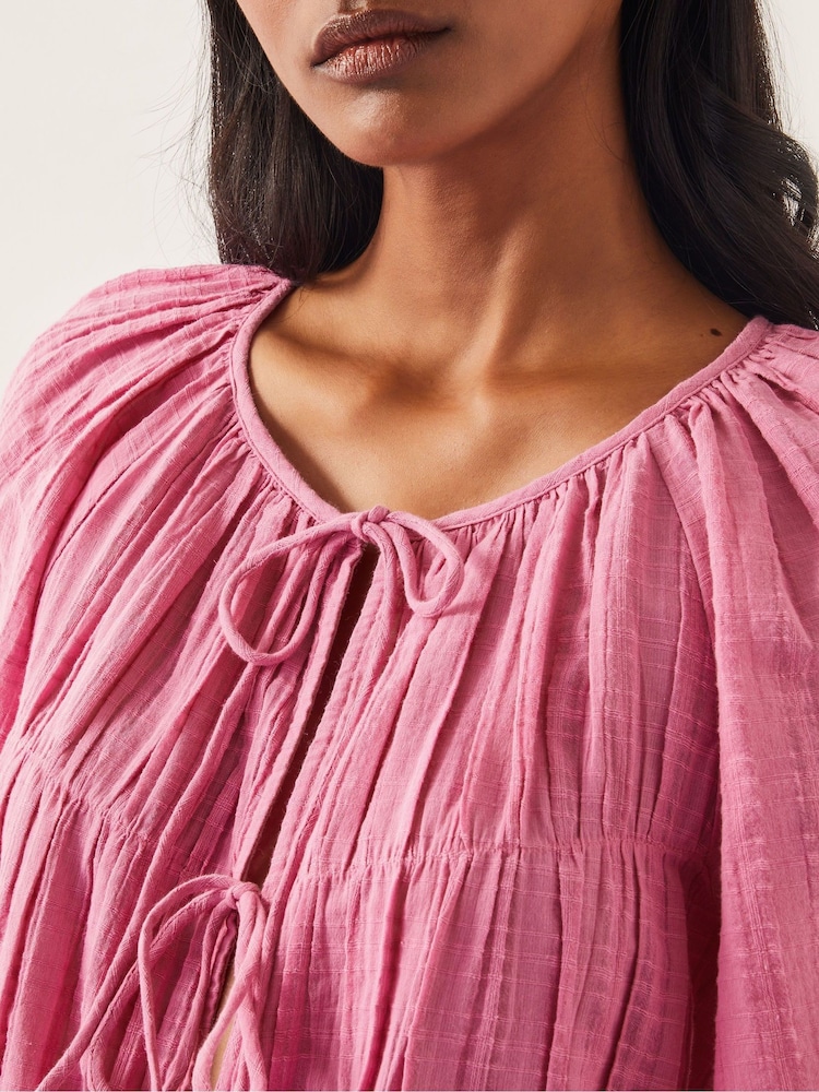 Monsoon Pink Marlee Short Sleeve Tie-Front 100% CottonTop - Image 4 of 4
