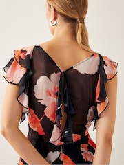 Monsoon Black Carrie Floral Print Ruffle Chiffon Maxi Dress - Image 4 of 4