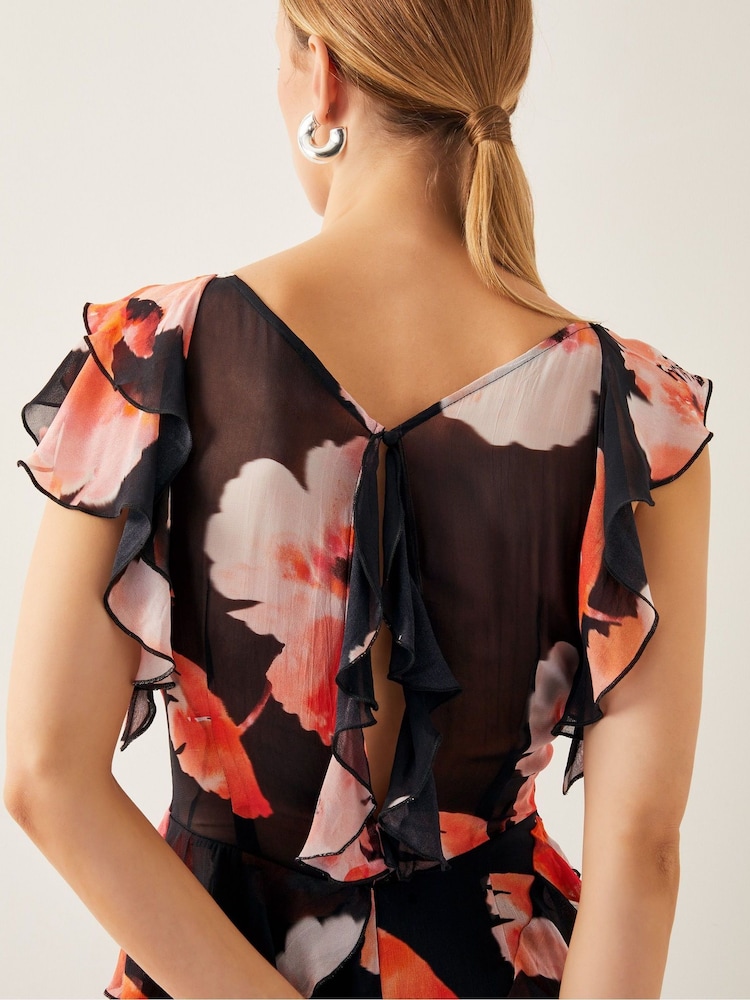 Monsoon Black Carrie Floral Print Ruffle Chiffon Maxi Dress - Image 4 of 4