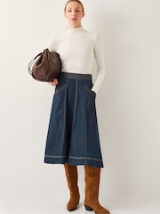 Azul/Blanco - Monsoon Harper Seamed Denim 100% Cotton Midi Skirt - Imagen 1 de 4