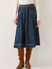 Azul/Blanco - Monsoon Harper Seamed Denim 100% Cotton Midi Skirt - Imagen 2 de 4