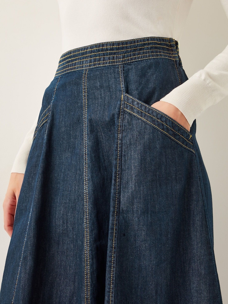 Azul/Blanco - Monsoon Harper Seamed Denim 100% Cotton Midi Skirt - Imagen 4 de 4