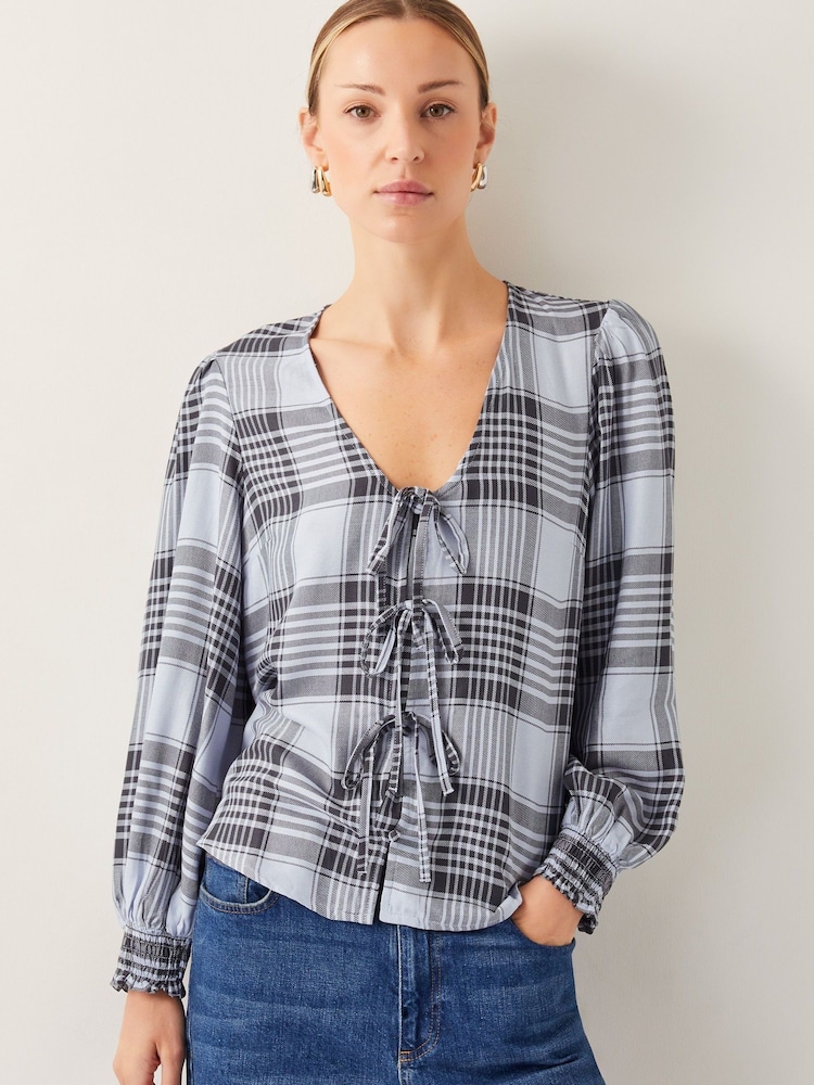 Monsoon Blue Ava Tie-Front Check Blouse - Image 1 of 4