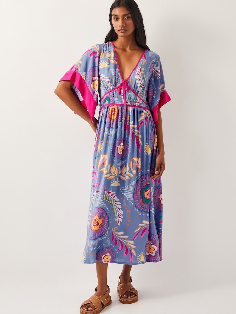 Monsoon Blue Monika Short Sleeve Floral Print Midi Dress - Image 1 of 4