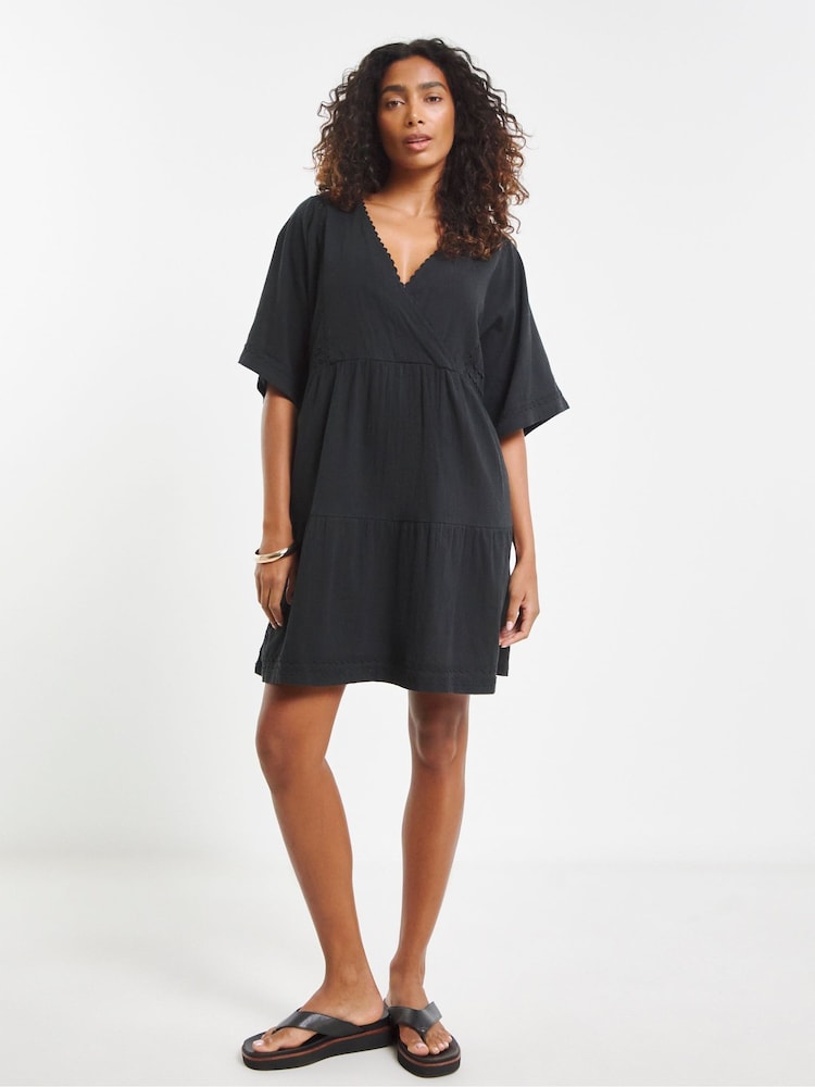 Simply Be Black Beach To Beach Rik Rak Mini Beach 100% Cotton Dress - Image 1 of 4