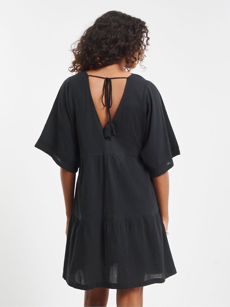 Simply Be Black Beach To Beach Rik Rak Mini Beach 100% Cotton Dress - Image 2 of 4