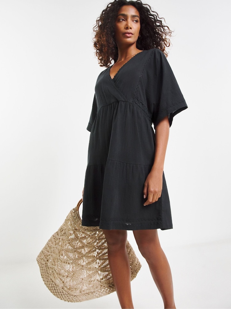 Simply Be Black Beach To Beach Rik Rak Mini Beach 100% Cotton Dress - Image 4 of 4
