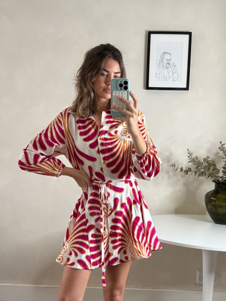 Style Cheat Red Printed Belted Myla Short 100% Cotton Shirt Dress - Image 1 of 4
